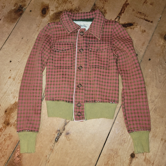 We The Free People Plaid Snap Up Distressed Bomber Jacket Hoboscentric Retro